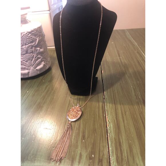 Chico's Vintage EUC Long Pendant Necklace Gold Tone Etched Oval with Tassel - Picture 1 of 4